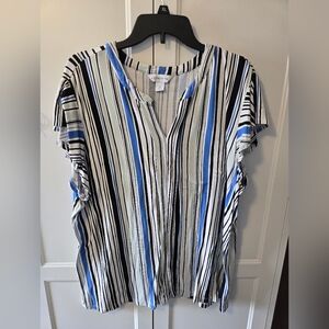 Liz Claiborne Striped Blue and White Women's Top Flutter Sleeves Sz 2X